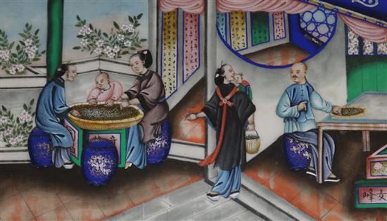 19th century Chinese School Interior with figures sorting tea